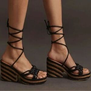 Anthropologie Black Strappy Wedge Sandals